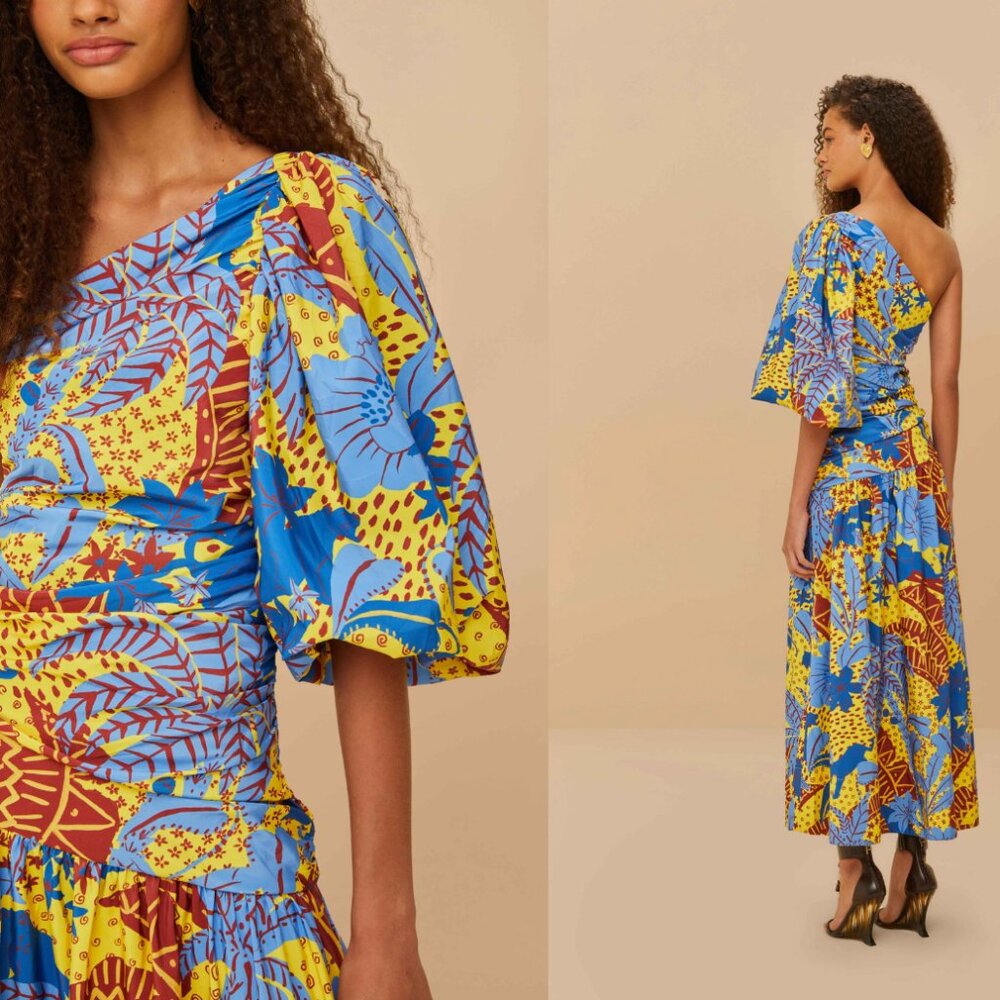 Farm Rio Yellow Jungle Panther One-Shoulder Midi Dress